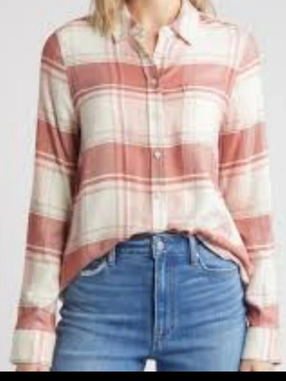 Caslon Womens Flannel Shirt Sz M Pink Brown Plaid Button Front Long Sleeve Soft